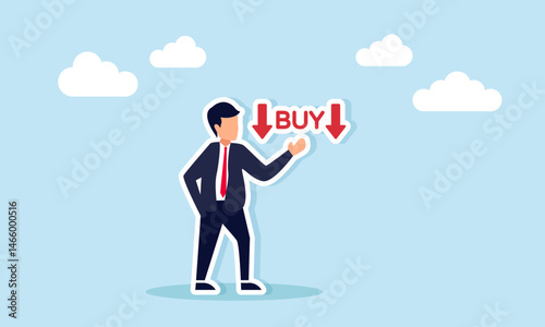 Businessman Showing BUY Text with Downward Red Arrow Illustration of Decreasing Purchasing Power