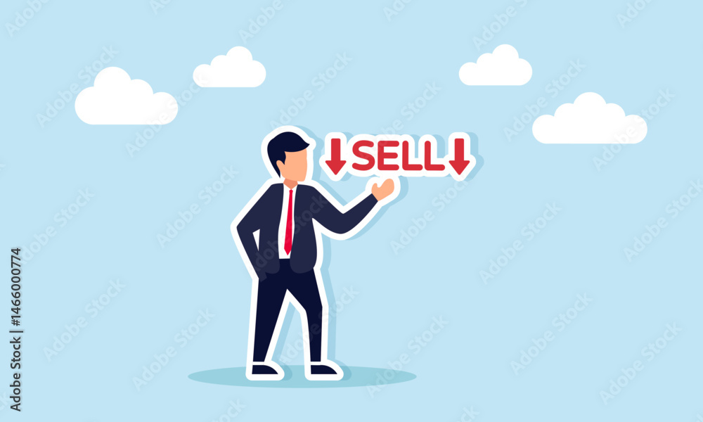 Businessman Showing SELL Text with Downward Red Arrow Illustration of Decreasing Purchasing Power Businessman Showing SELL Text with Downward Red Arrow Illustration of Decreasing Purchasing Power