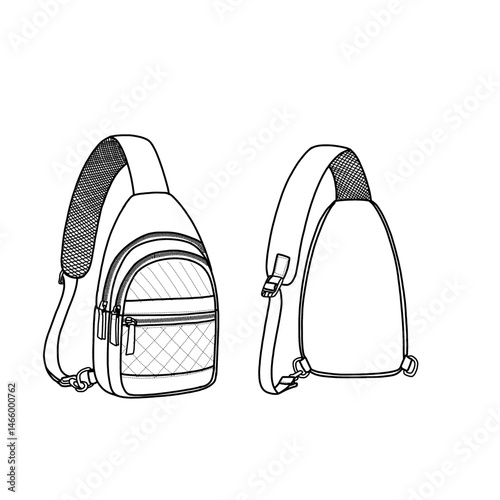 Sling bag for women, crossbody bag for women with convertible shoulder strap vector icon line art. Front and back view. An editable vector design of a crossbody bag isolated on a white background