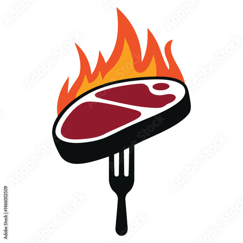 Grilled Steak on Fire with Fork Icon Illustration