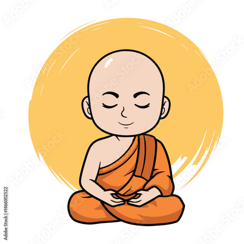 Cartoon Monk Meditating in Front of Yellow Sun Background