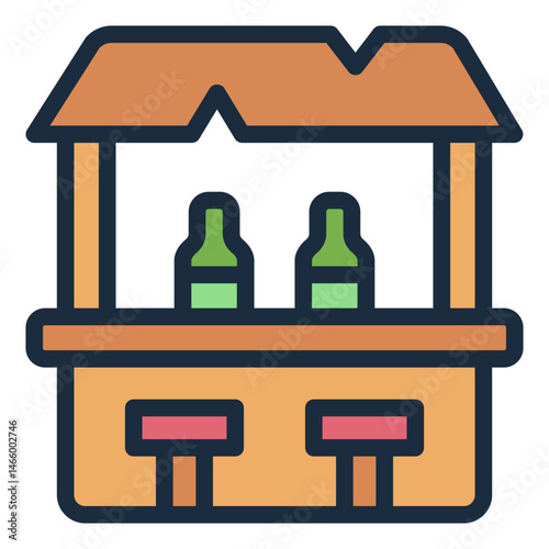 beach tiki filled line icon bar with drinks and stools