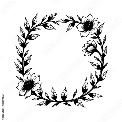 Elegant floral circle frame with intricate botanical details and minimalist aesthetic
