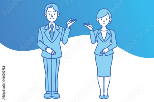 スーツ姿の男女が案内するイラスト