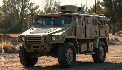 Camouflaged Armored Vehicle Stands on Dirt Road with Trees Background