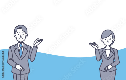 スーツ姿の男女が案内するイラスト