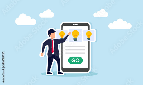 Businessman standing beside smartphone displaying light bulb icons, illustration of selecting and determining the right business idea