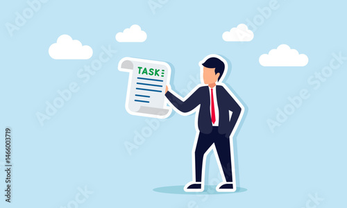 Businessman holding a task note illustration of learning procedures to complete business tasks