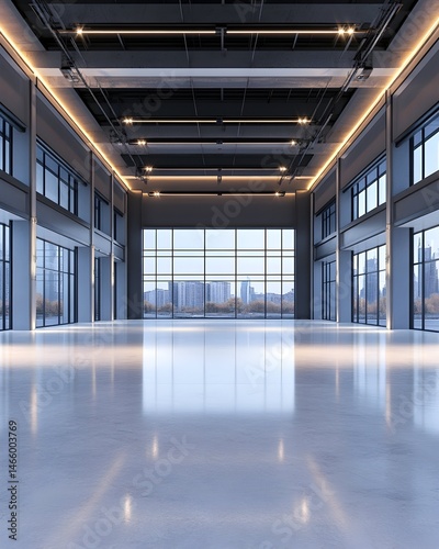 Modern, spacious interior with expansive windows offering city views and polished concrete floors