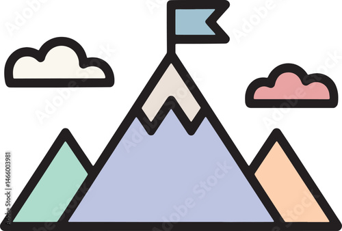  line art icon of a mountain peak with a flag on top