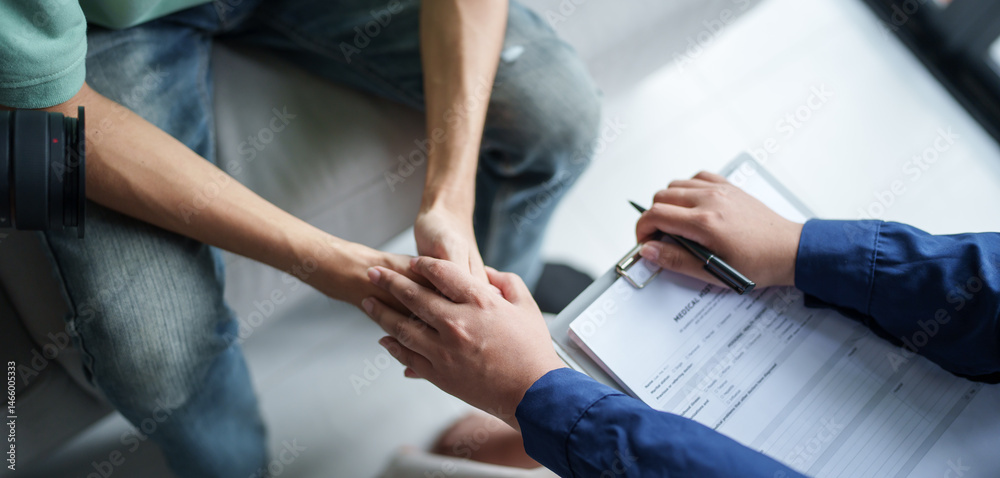 Fototapeta premium Professional psychotherapy Taking Note During Appointment&nbsp;Patient discussing mental health issues with psychologist&nbsp;mental health.