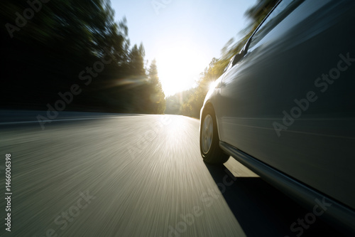 Car speeding on sunlit asphalt road motion blur dynamic movement sunlight outdoor fast vehicle travel transportation energy freedom excitement