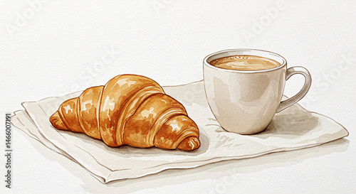 A delectable watercolor painting of a golden-brown croissant and a cup of coffee artfully arranged on a napkin presents a perfect breakfast scene ideal for cafes menus food blogs and culinary websites