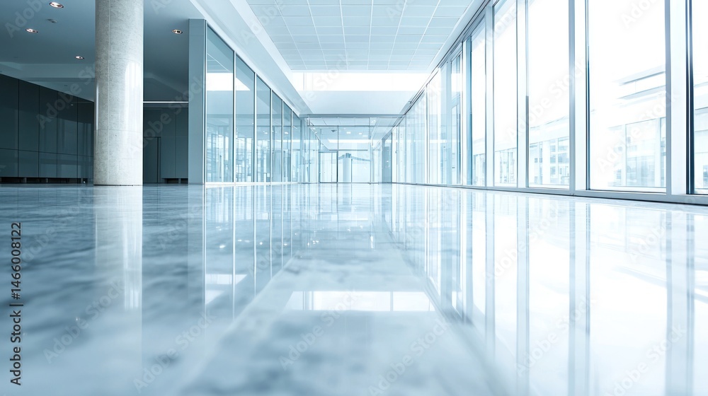 A spacious, modern office lobby with glass walls and a polished marble floor. A spacious, modern office lobby with glass walls and a polished marble floor.