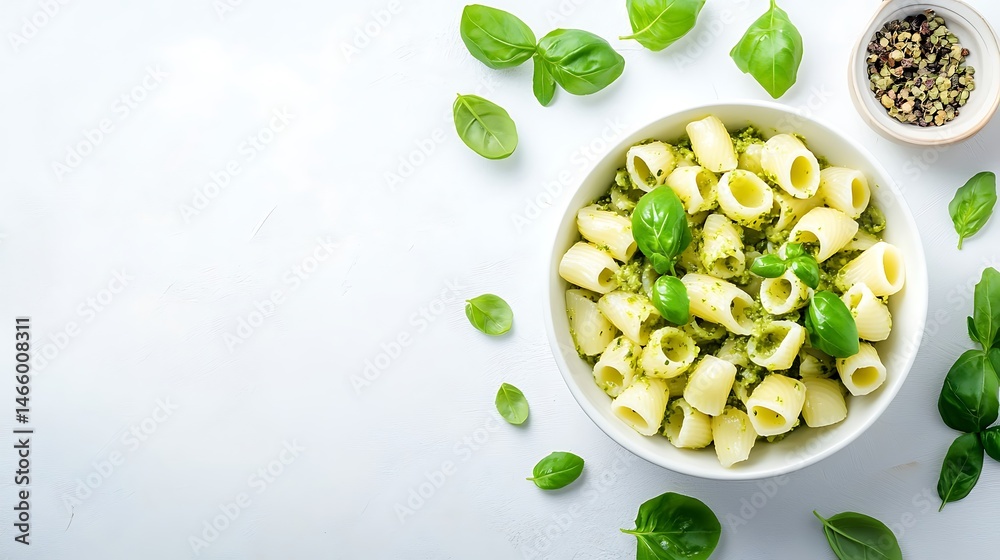 Pesto pasta dish with basil leaves Pesto pasta dish with basil leaves