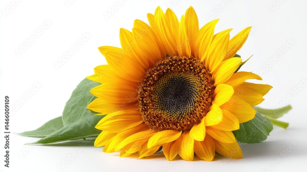 Fototapeta premium Bright and Vibrant Sunflower Close-Up with Green Leaves on a Soft White Background Capturing the Beauty of Nature and Floral Design Elements