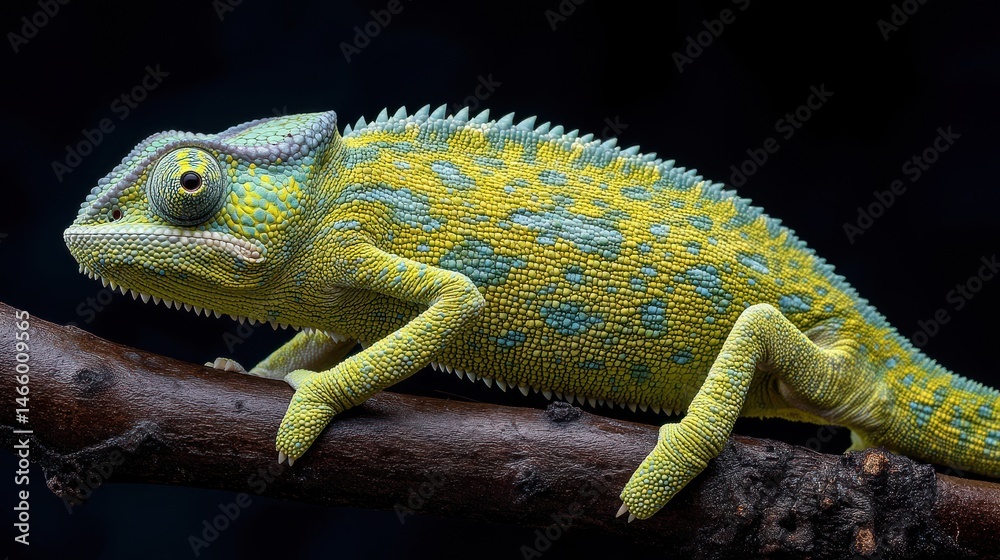 Obraz premium Vibrant and Colorful Chameleon Resting on a Branch Displaying Detailed Texture and Unique Patterns in a Dark Environment