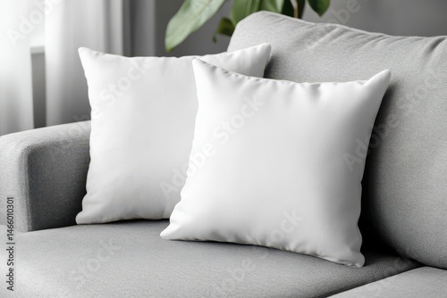 Wallpaper Mural Two plain white throw pillows resting on a light gray couch in a living room setting.  Soft, simple decor Torontodigital.ca