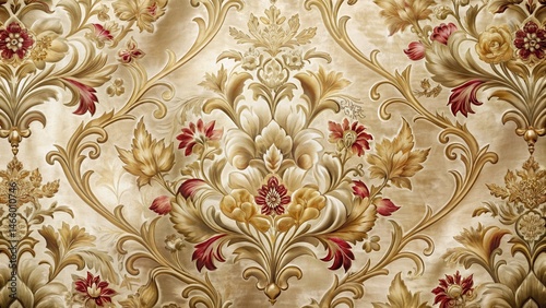 Intricate floral damask with hand-painted details on a luxurious silk fabric, interior, fashion, interior, fashion