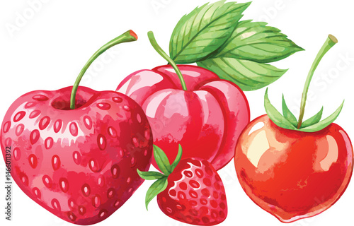 Watercolor Illustration of Fresh Red Berries: Strawberries, Cherries, and Cranberries - Fruit Still Life Art Print