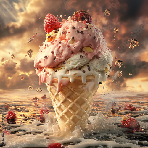 A delicious ice cream cone topped with creamy, swirled scoops—perfectly styled for summer vibes, dessert cravings, and sweet moments. Ideal for food visuals, menus, or playful designs.

