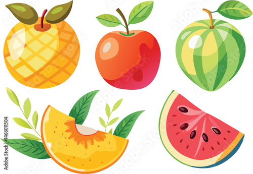 Colorful Cartoon Fruit Illustration: Apple, Watermelon, Peach Slice, & More - Vector Graphics for Food & Nutrition Designs