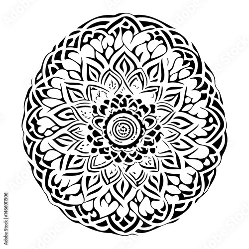 Intricate abstract floral pattern in black and white circular symmetry design