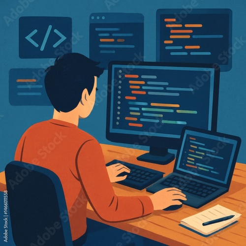 Young Man Programming on Computer with Code on Screen in Modern Home Office 