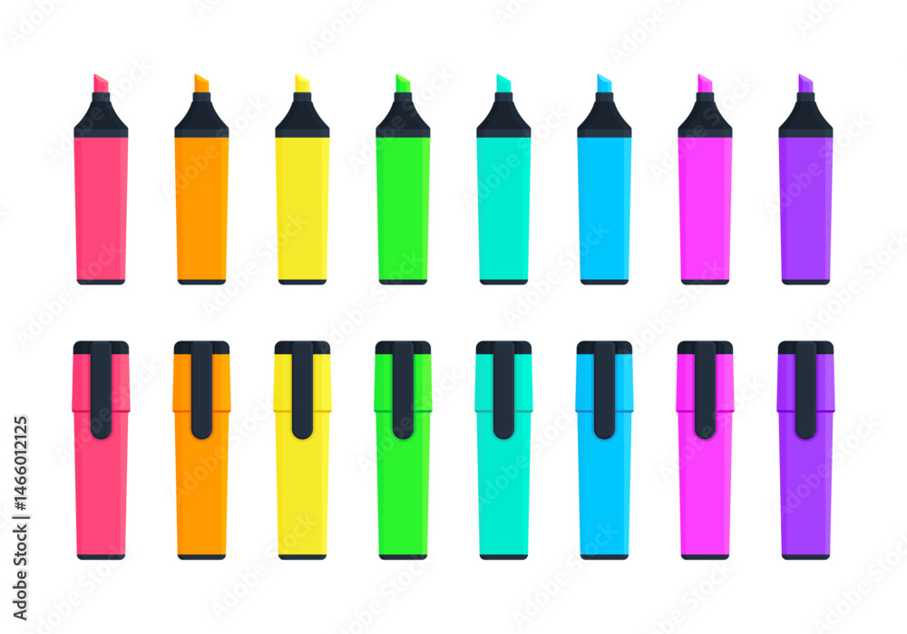 Set of highlighter marker pens with flat tips and caps in pink, orange, yellow, green, teal, blue, and purple. School, office supplies concept. Flat vector illustration isolated on white background