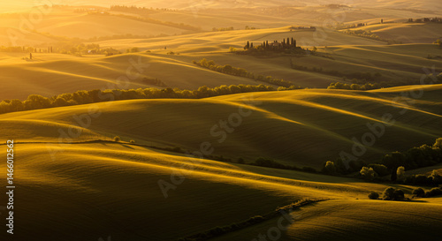 Scenic tuscany landscape photography of rolling hills at sunset golden hour nature travel destination view