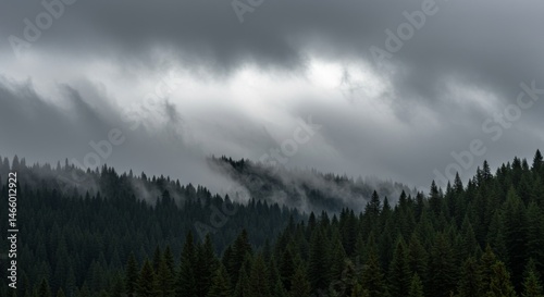 Dark Moody Mountain Landscape with Fog and Clouds