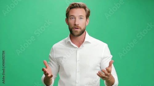 A man in a white shirt with a surprised look on his face and a green screen in the background. He's wearing a casual white shirt and looking at the camera. The photo is ideal for a variety of uses.