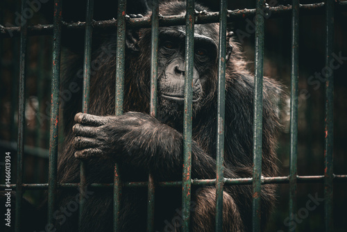 Chimpanzee observes surroundings while resting against cage bars in a tranquil setting during daytime