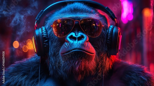 Cool gorilla with sunglasses and headphones in a neon-lit, urban digital art style  