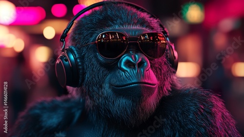 Cool gorilla with sunglasses and headphones in a neon-lit, urban digital art style 