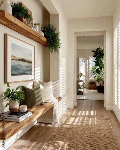 A cozy, sunlit hallway with wooden shelves, indoor plants, textured rugs, and a welcoming bench creates a warm and inviting home atmosphere.