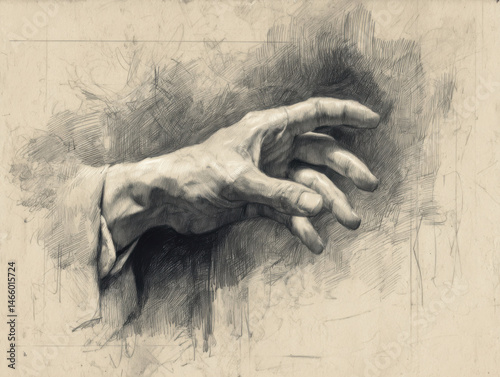Detailed pencil sketch of human hand reaching out, with subtle contrast between relaxed and tense hand posture, emphasizing