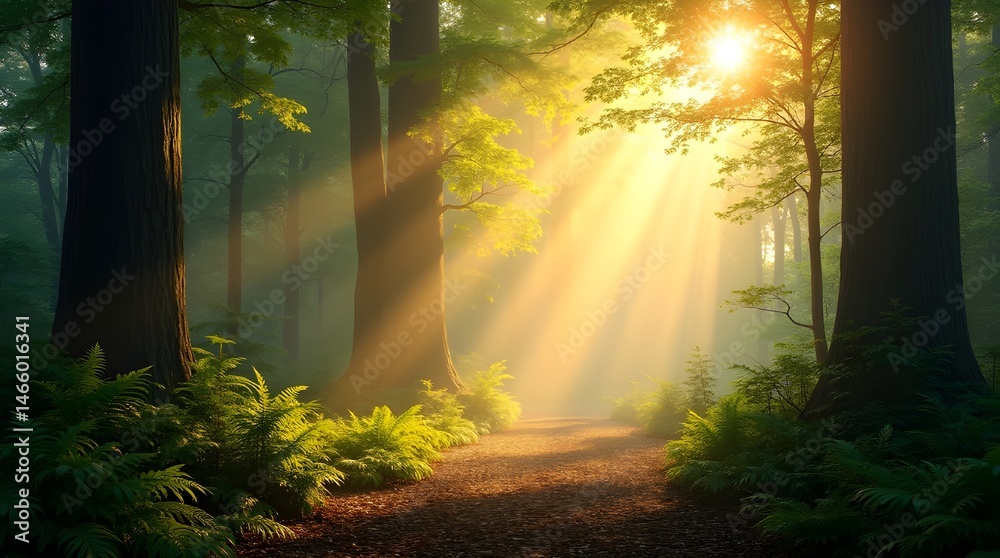 Naklejka premium Magnificent Trees Filled with Golden Sunlight in a Calm Forest