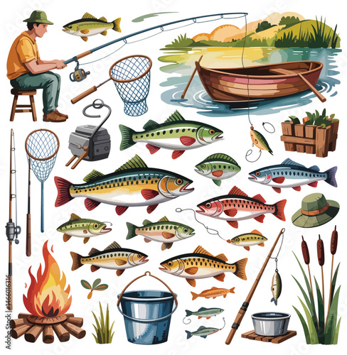 Fishing Illustration Set Fisherman Fish Equipment and Campfire
