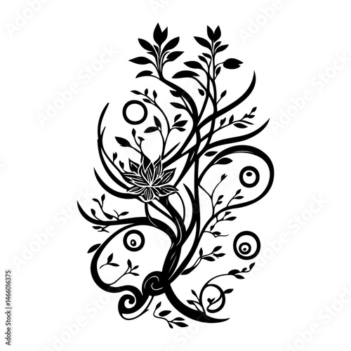 Elegant monochromatic floral motif with stylized leaves and swirling accents