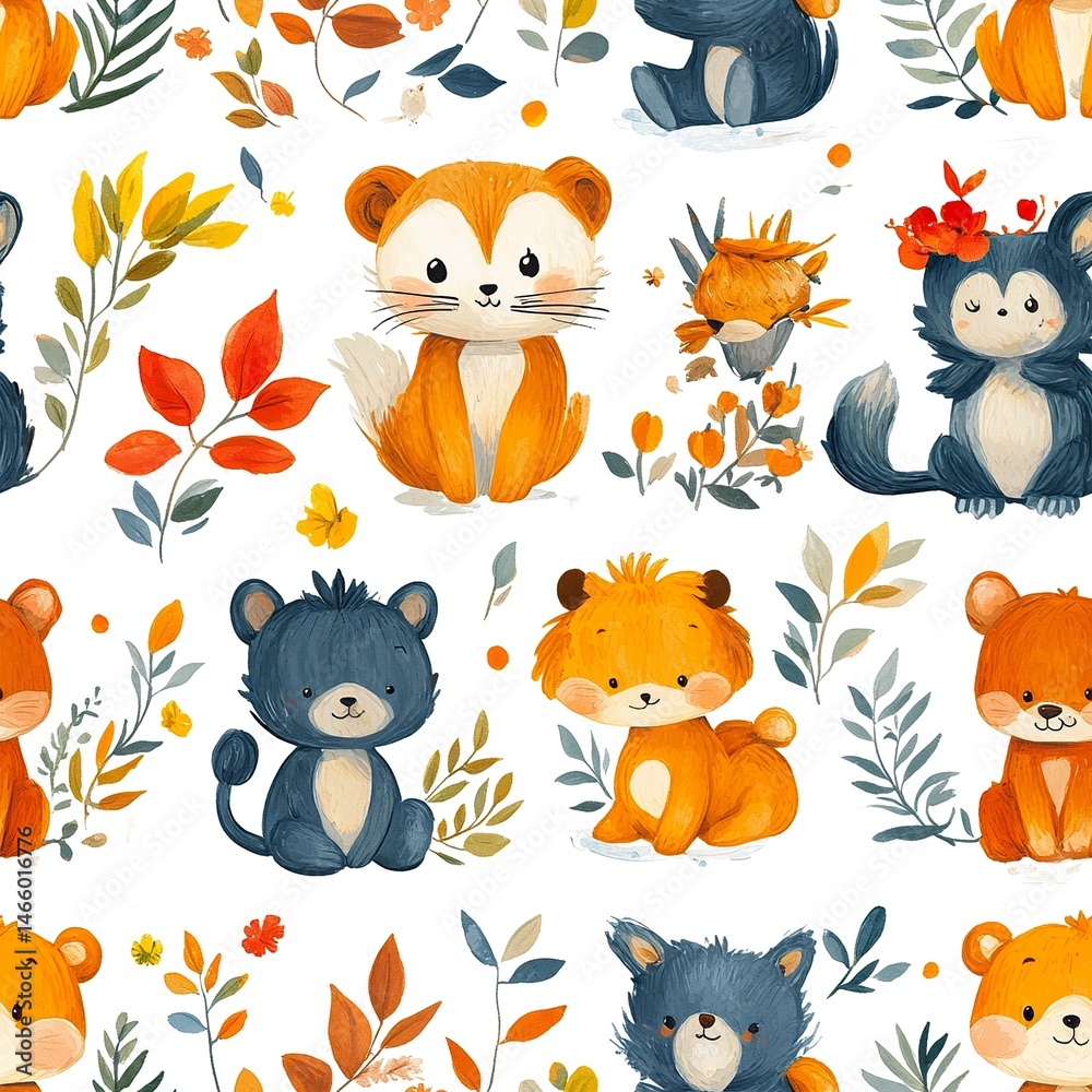 Naklejka premium Cute cartoon animal collection design with nature elements, perfect for wrapping paper or educational prints. --tile 