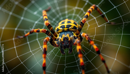 Striking Spider on Web Close Up with Vibrant Colors and Patterns