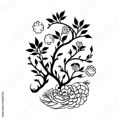 Intricate botanical illustration depicting stylized flora in monochromatic palette
