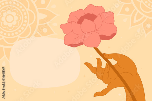 Graceful hand of Buddha with a lotus flower on a light orange background. Mudra, religious symbol, meditation. Copyspace for your text, frame, card for buddhist holiday.