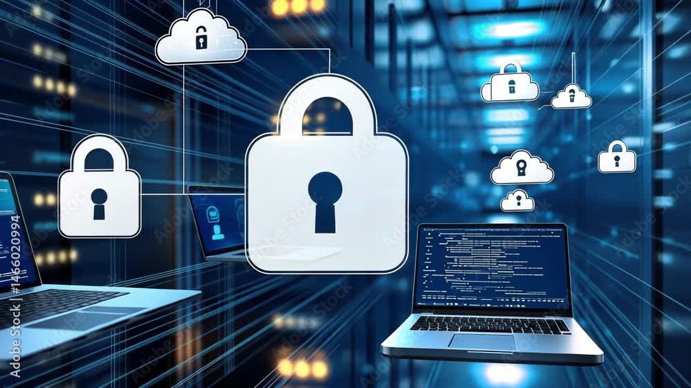 Digital illustration of cloud security with locks and laptops representing cybersecurity.