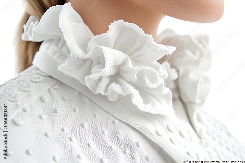 Obraz premium Textured white coat collar, adorned with layered frills, creates a delicate and ethereal fashion statement