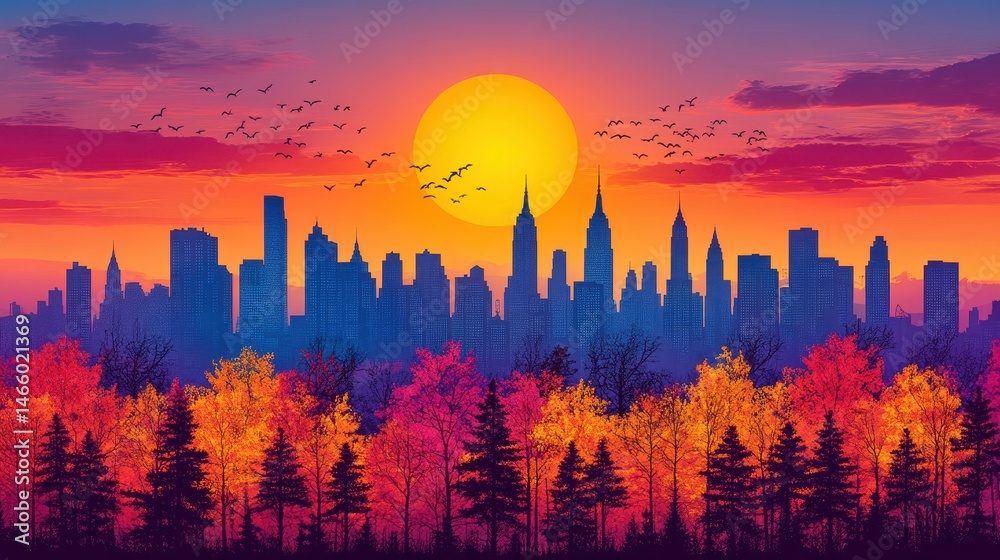 Obraz premium Colorful cityscape skyline with sunset and forest trees vector i