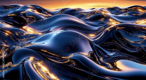 Abstract landscape of swirling, reflective, dark metallic waves at sunset.  Golden highlights accentuate the curves