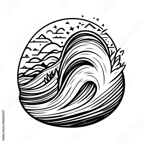 Monochrome ocean wave emblem with stylized landscape element and celestial accents