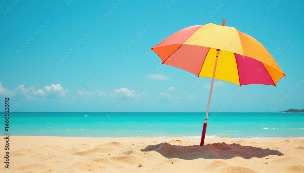 Large colorful umbrella planted in golden sand , fabric, colorful, green Large colorful umbrella planted in golden sand , fabric, colorful, green